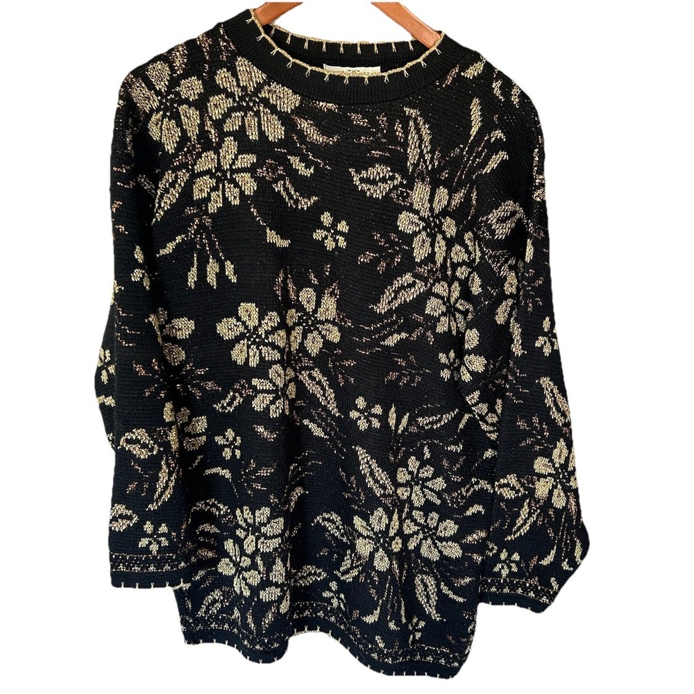 Dana Scott Sweater Women's Size Large Black/Gold Vintage 90s Floral Holiday